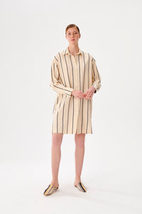 Long Sleeve Cream-Navy Striped Kutnu Shirt Dress