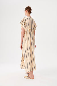 Cream-Navy Striped Kutnu Maxi Kimono Dress