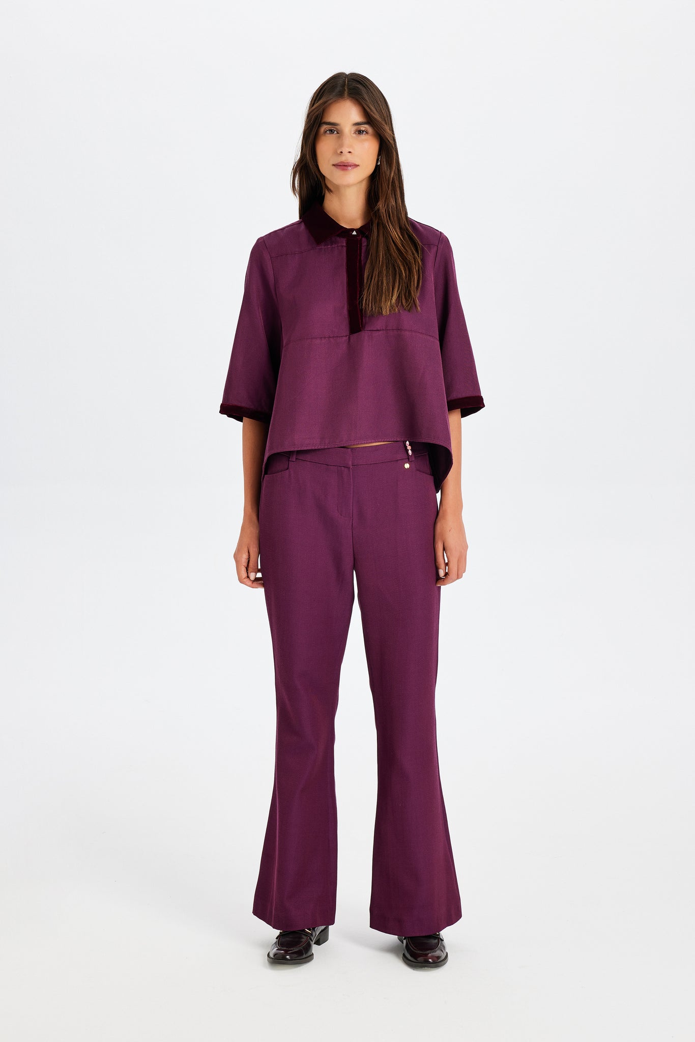 Velvet Detail Polo Neck Burgundy Blouse