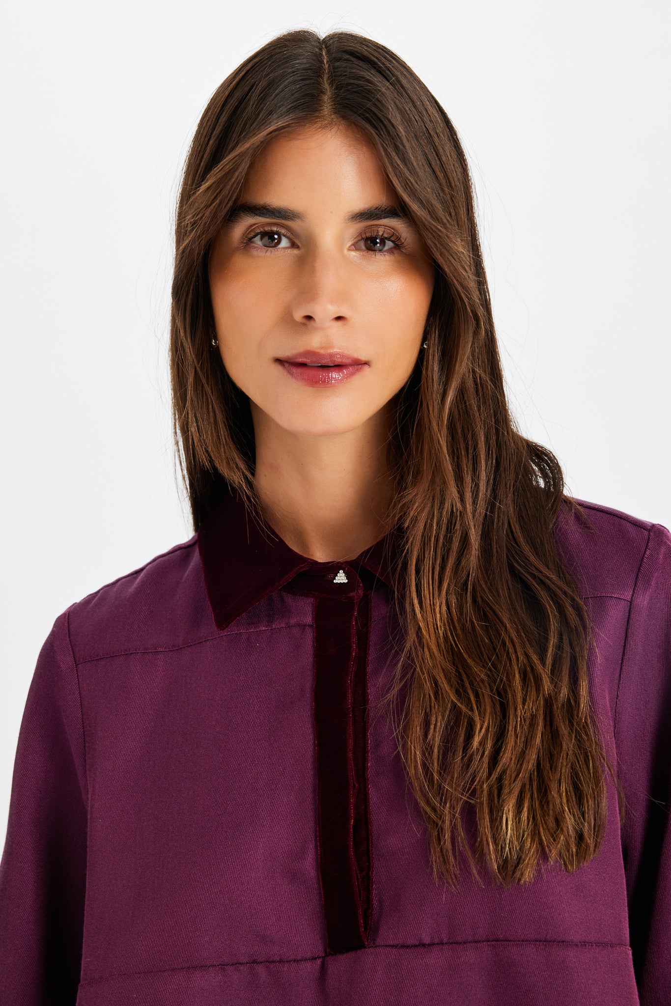 Velvet Detail Polo Neck Burgundy Blouse