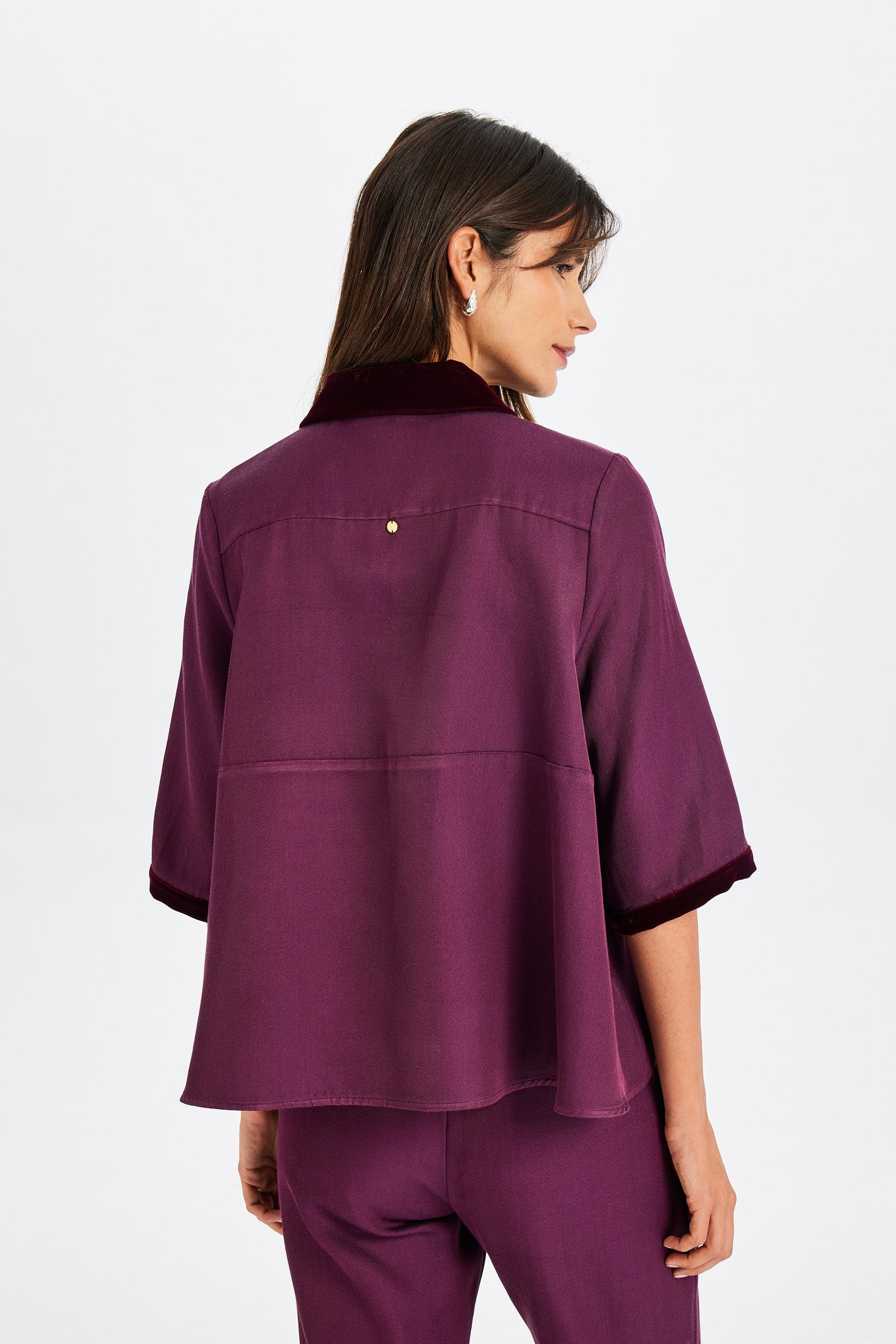 Velvet Detail Polo Neck Burgundy Blouse