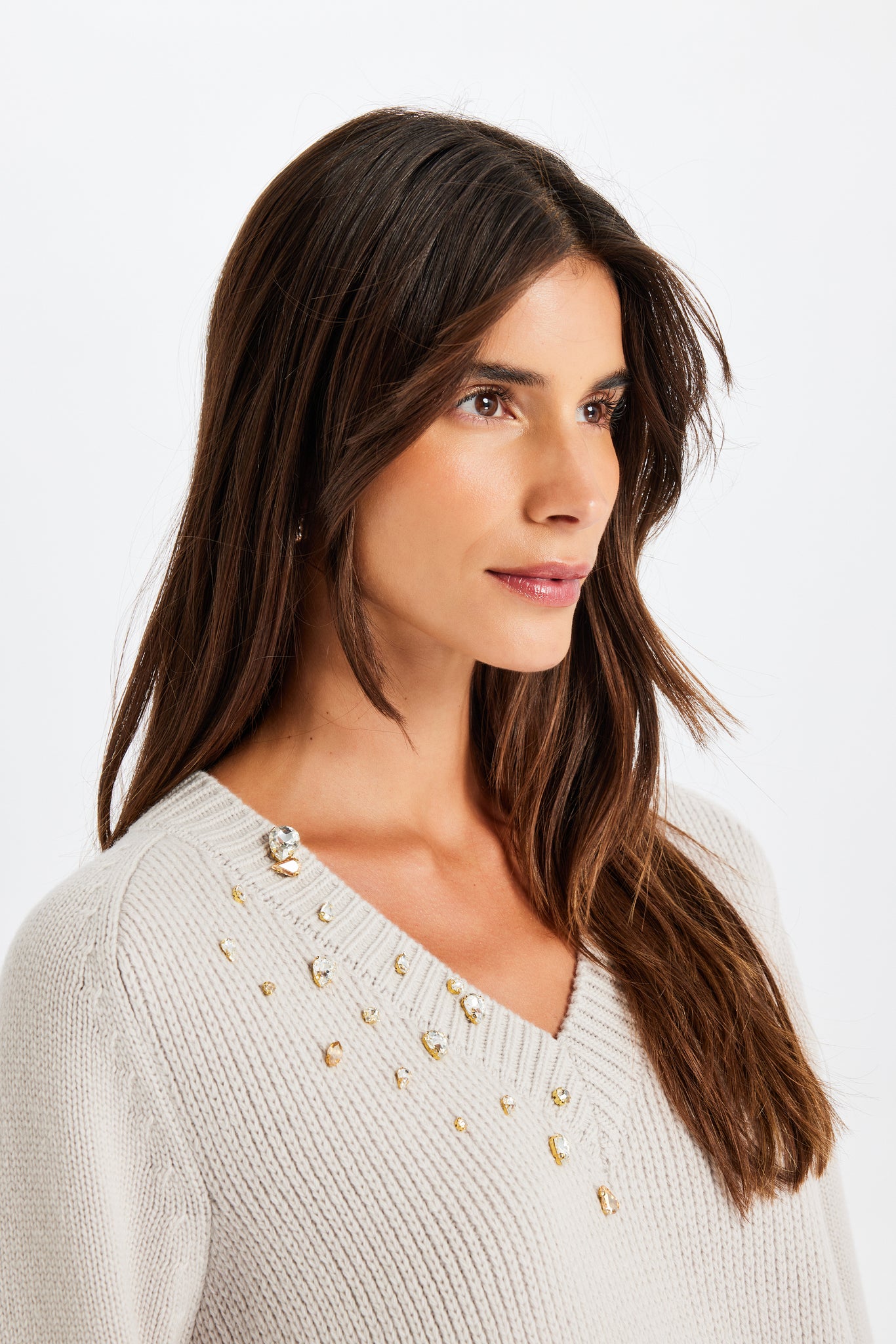 Stone-Embroidered Gray Sweater