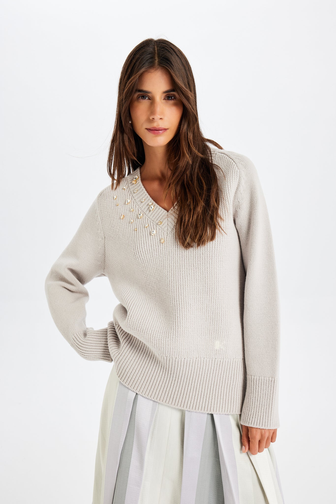 Stone-Embroidered Gray Sweater