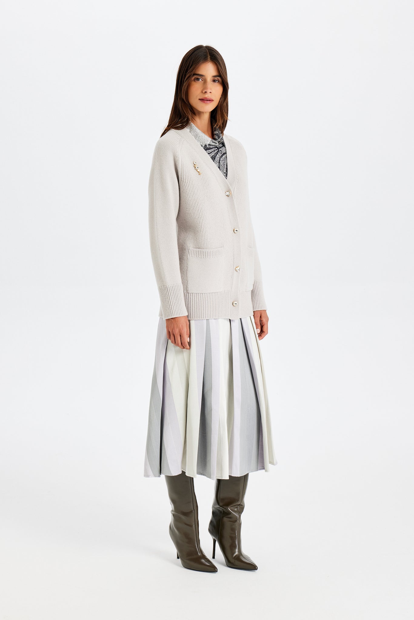 Stone-Embroidered Gray Knit Jacket