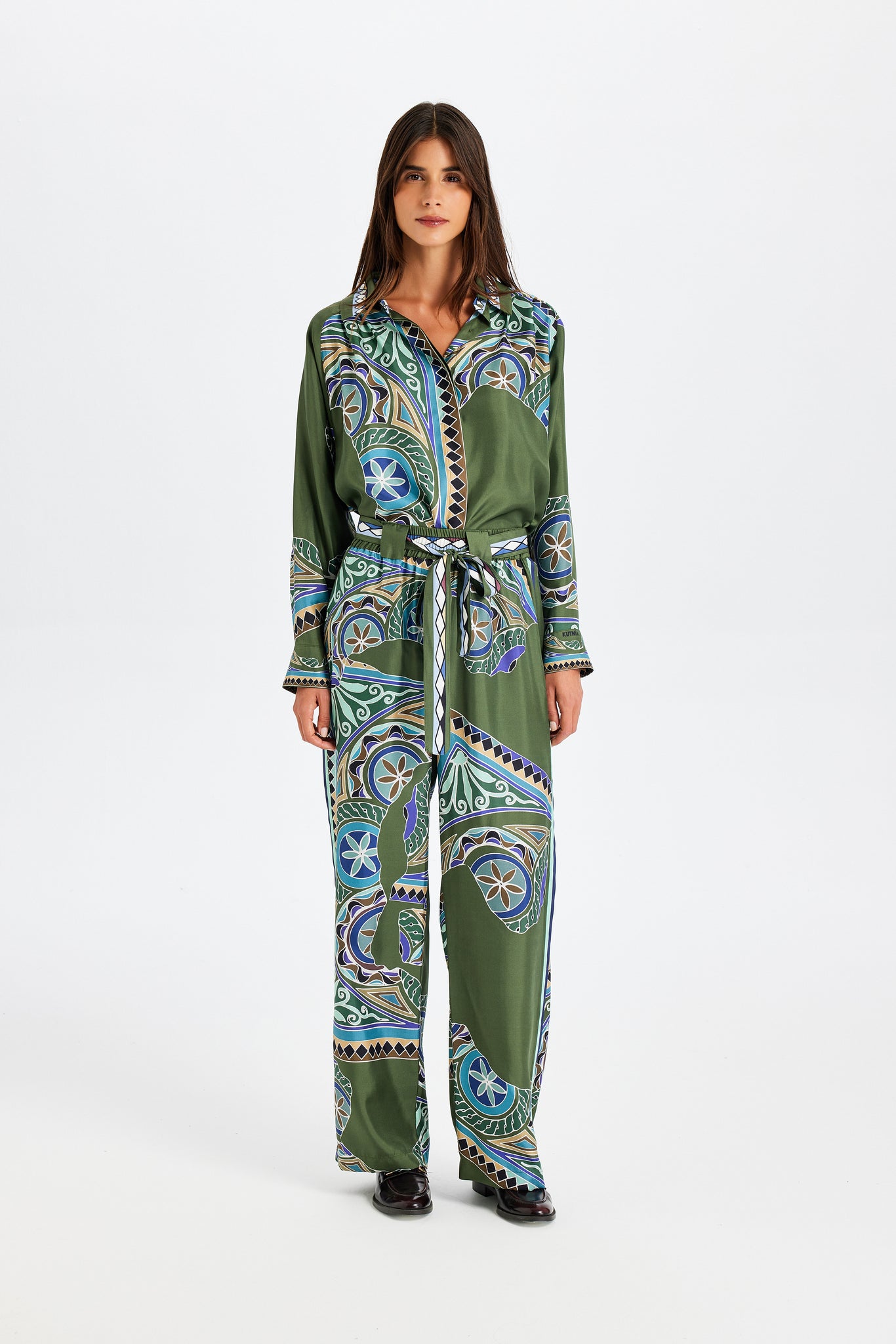 Zeugma Belted Green and Turquoise Silk Pants