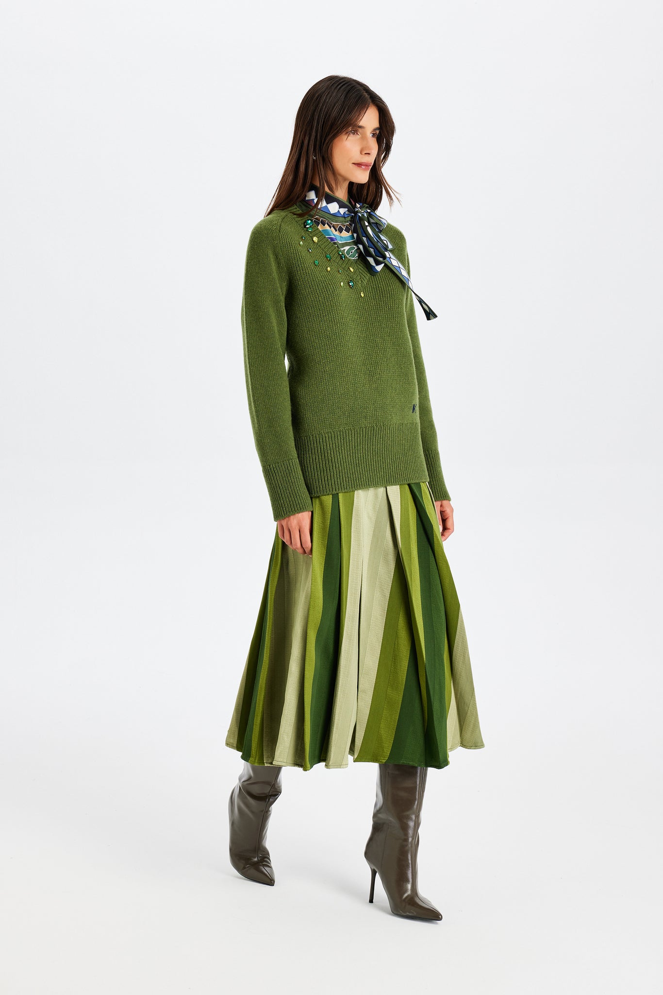 Stone-Embroidered Green Sweater