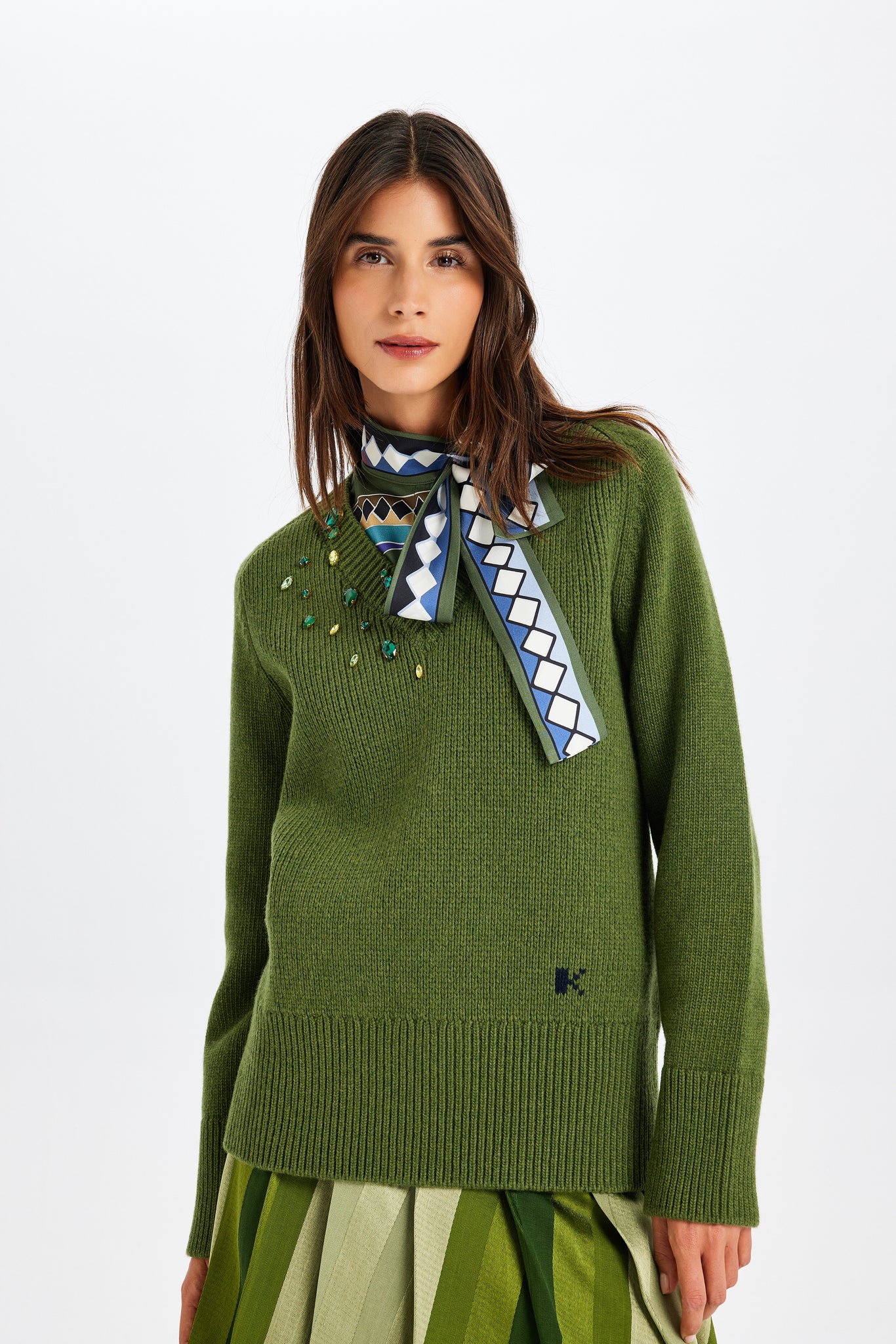 Stone-Embroidered Green Sweater