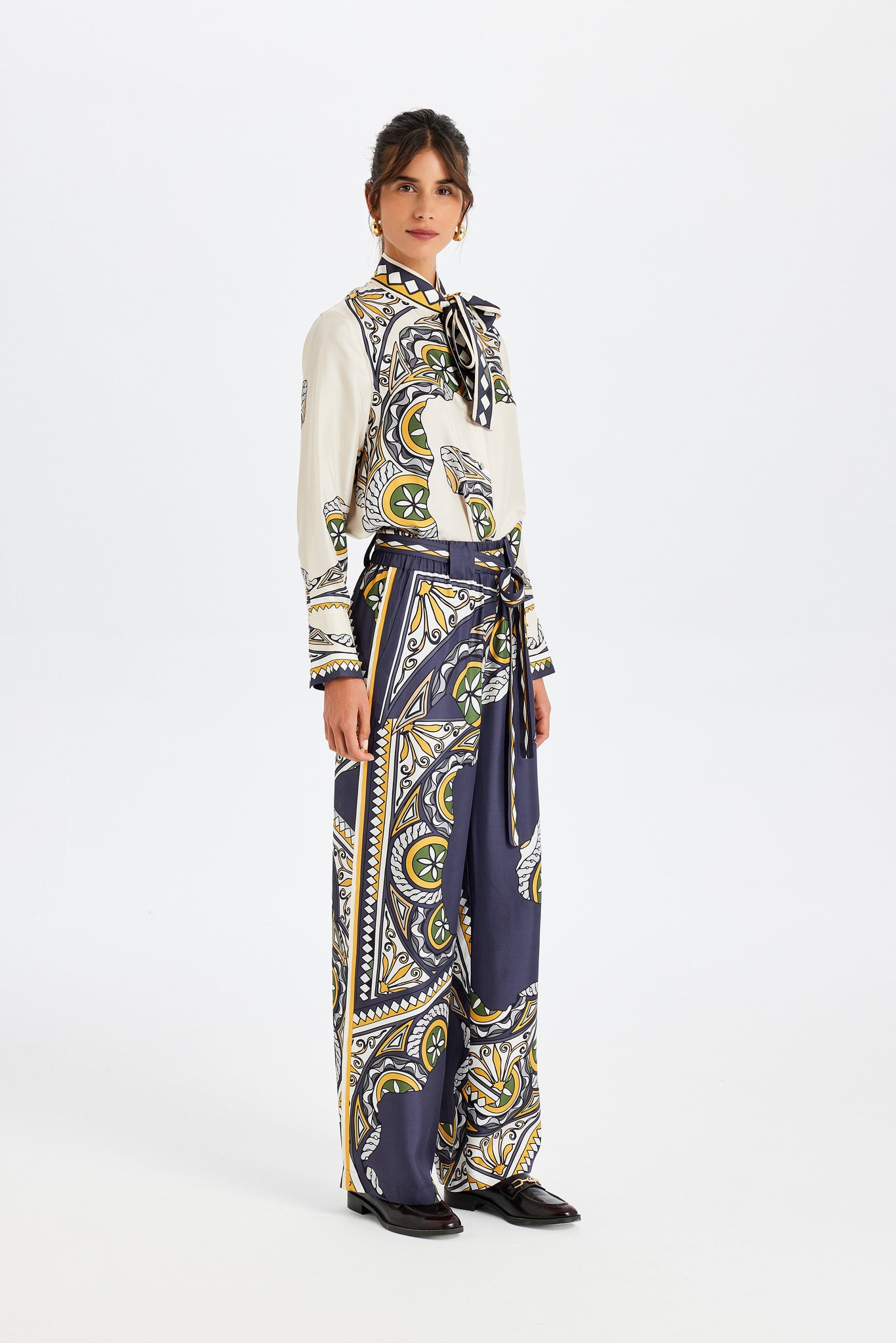 Zeugma Belted Mustard and Navy Silk Pants