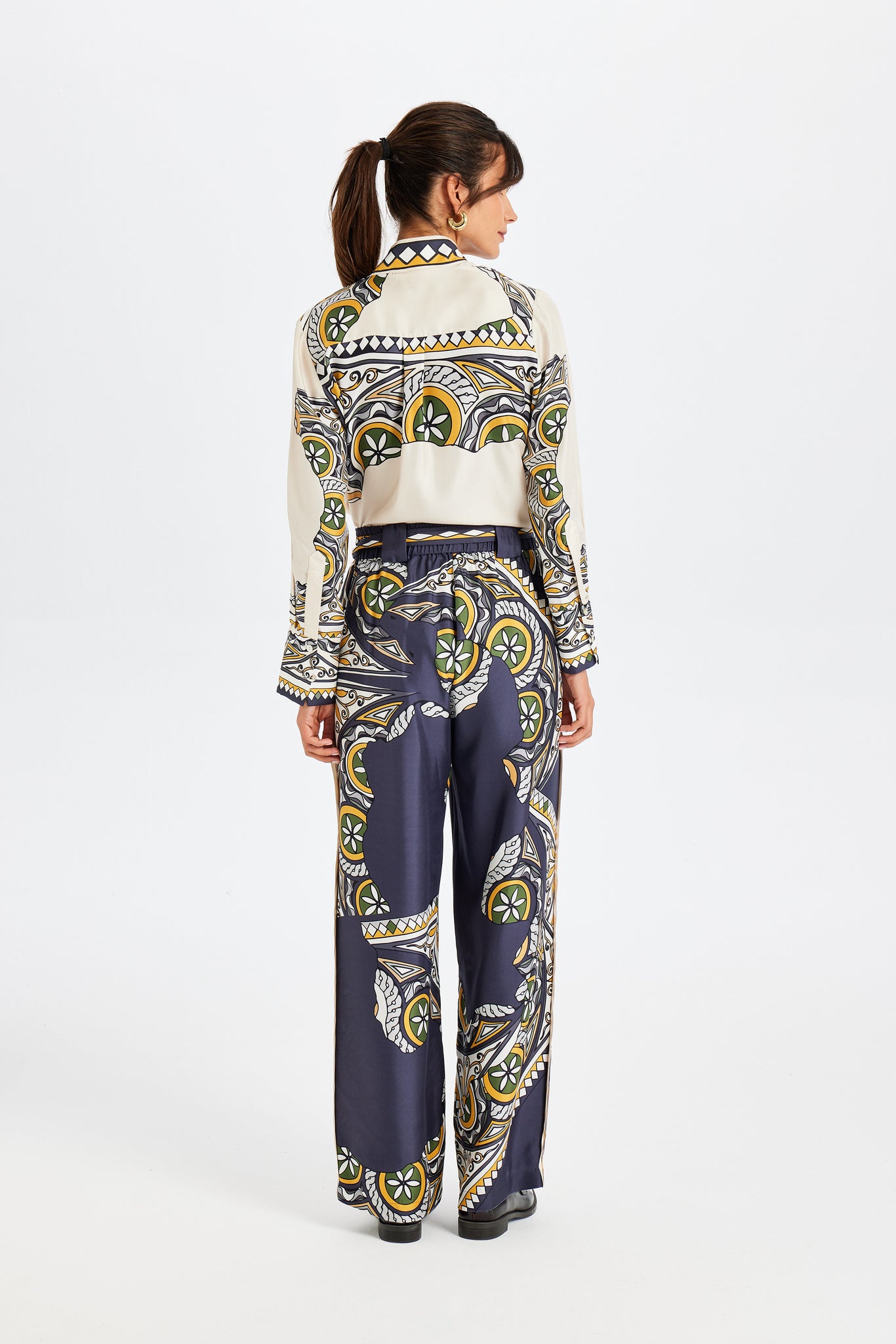 Zeugma Belted Mustard and Navy Silk Pants