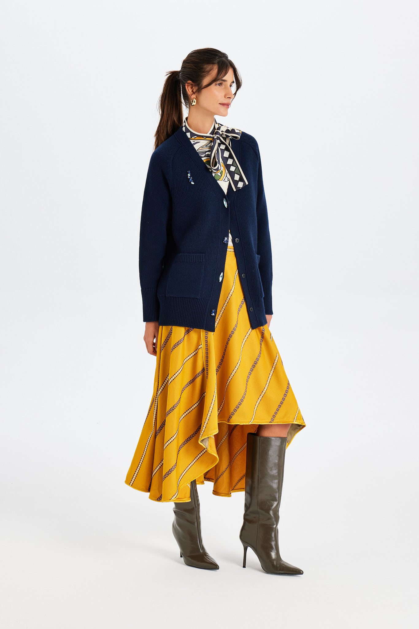 Stone-Embroidered Navy Blue Knit Jacket