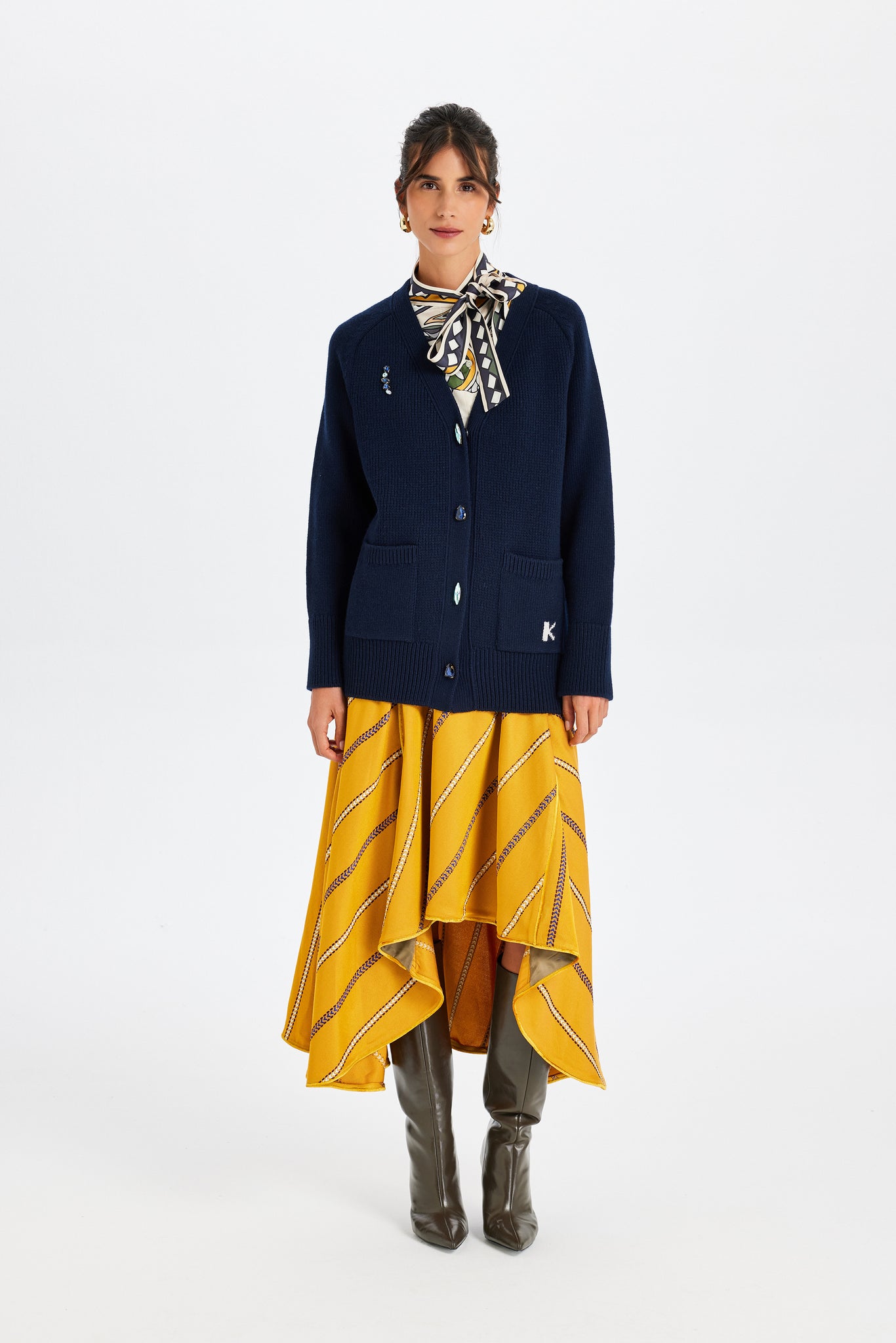 Stone-Embroidered Navy Blue Knit Jacket