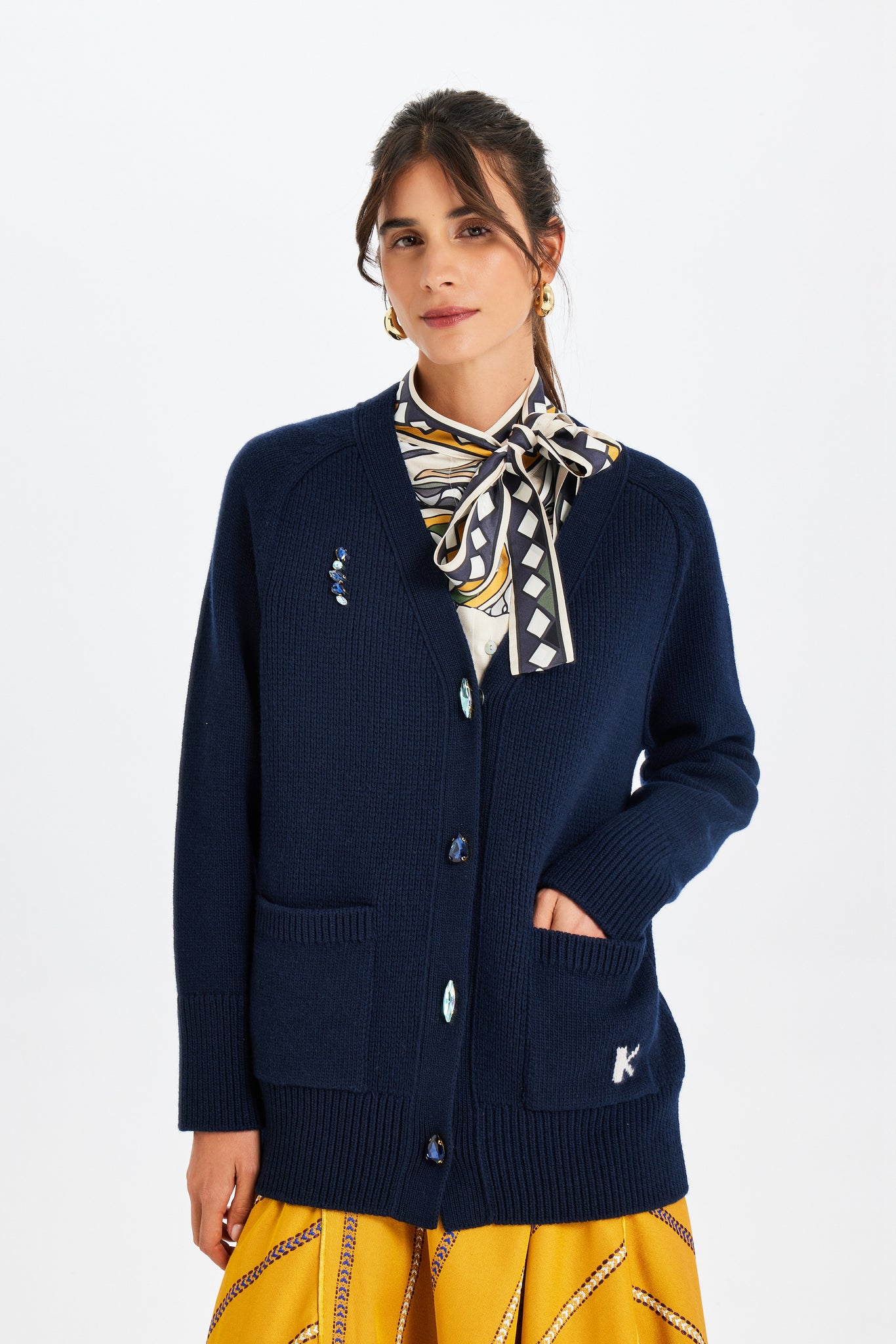 Stone-Embroidered Navy Blue Knit Jacket