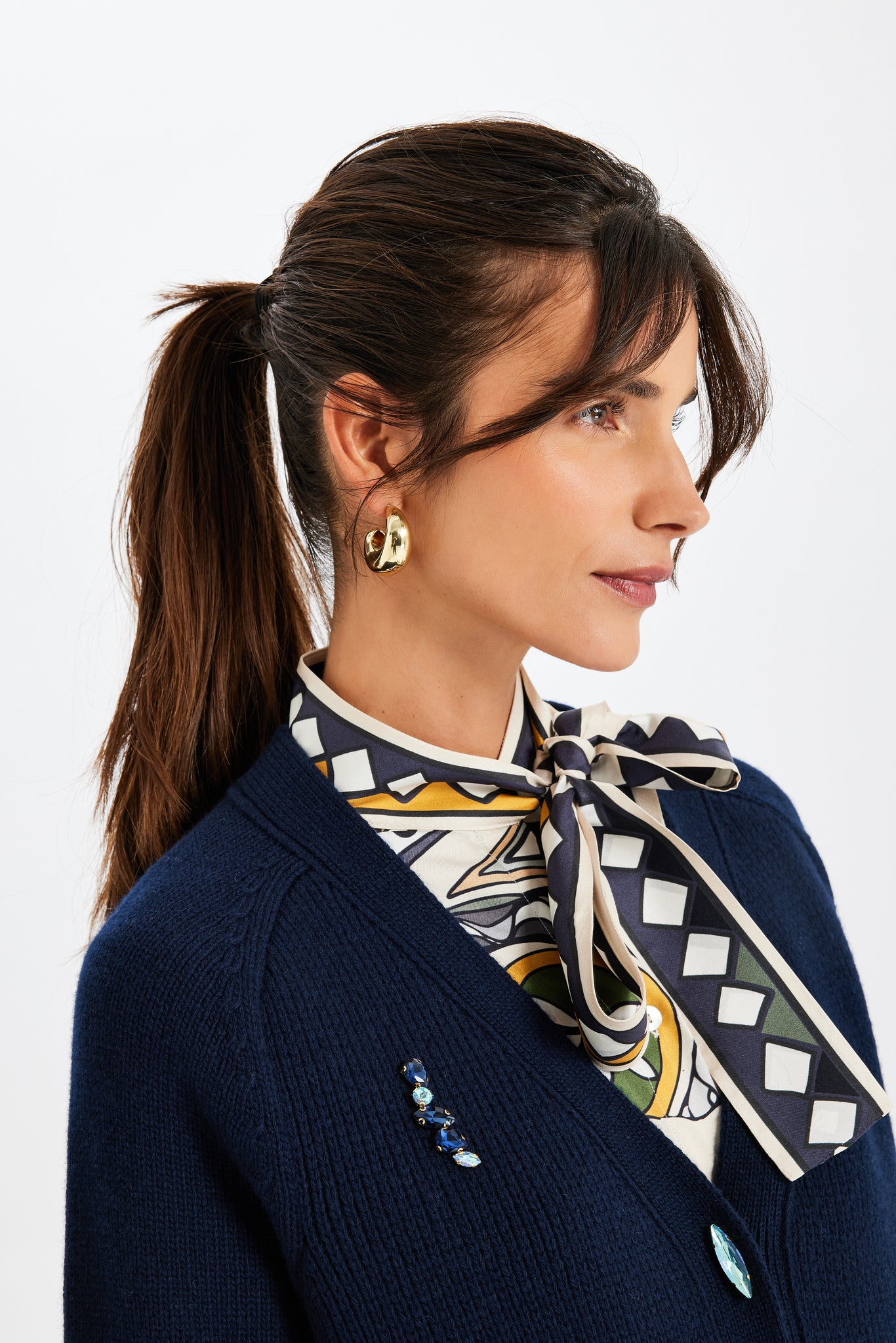 Stone-Embroidered Navy Blue Knit Jacket
