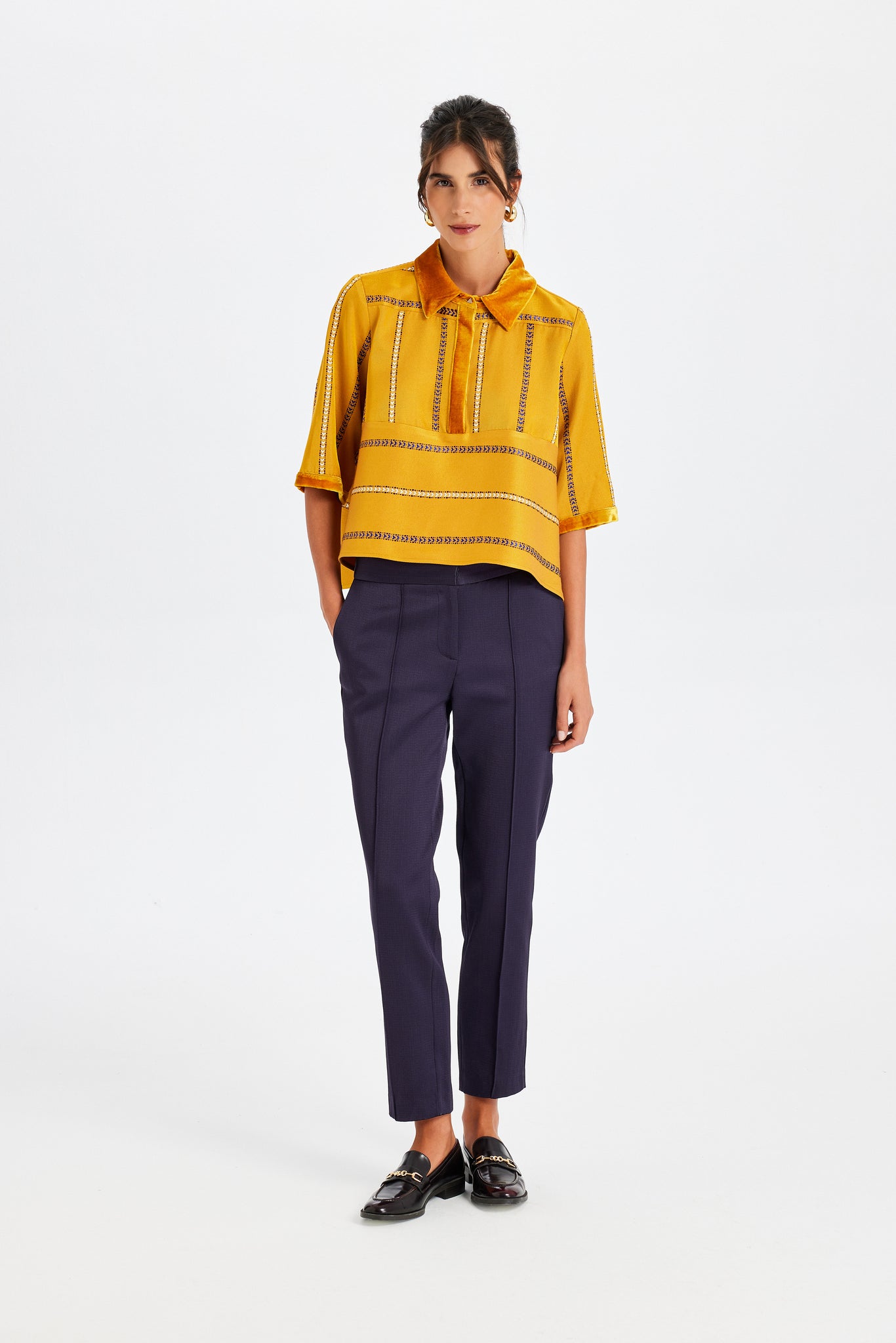 Velvet Detail Polo Neck Kutnu Blouse