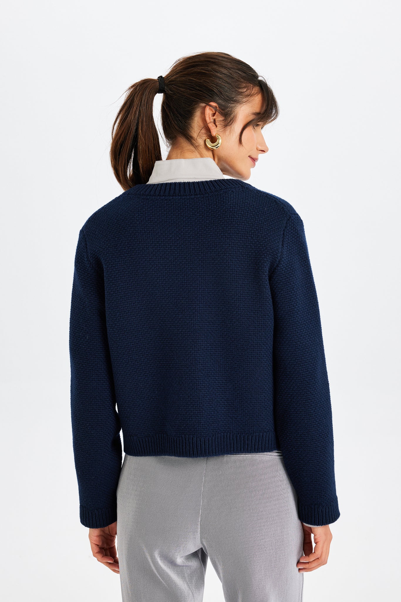 Stone-Embroidered Navy Knit Jacket