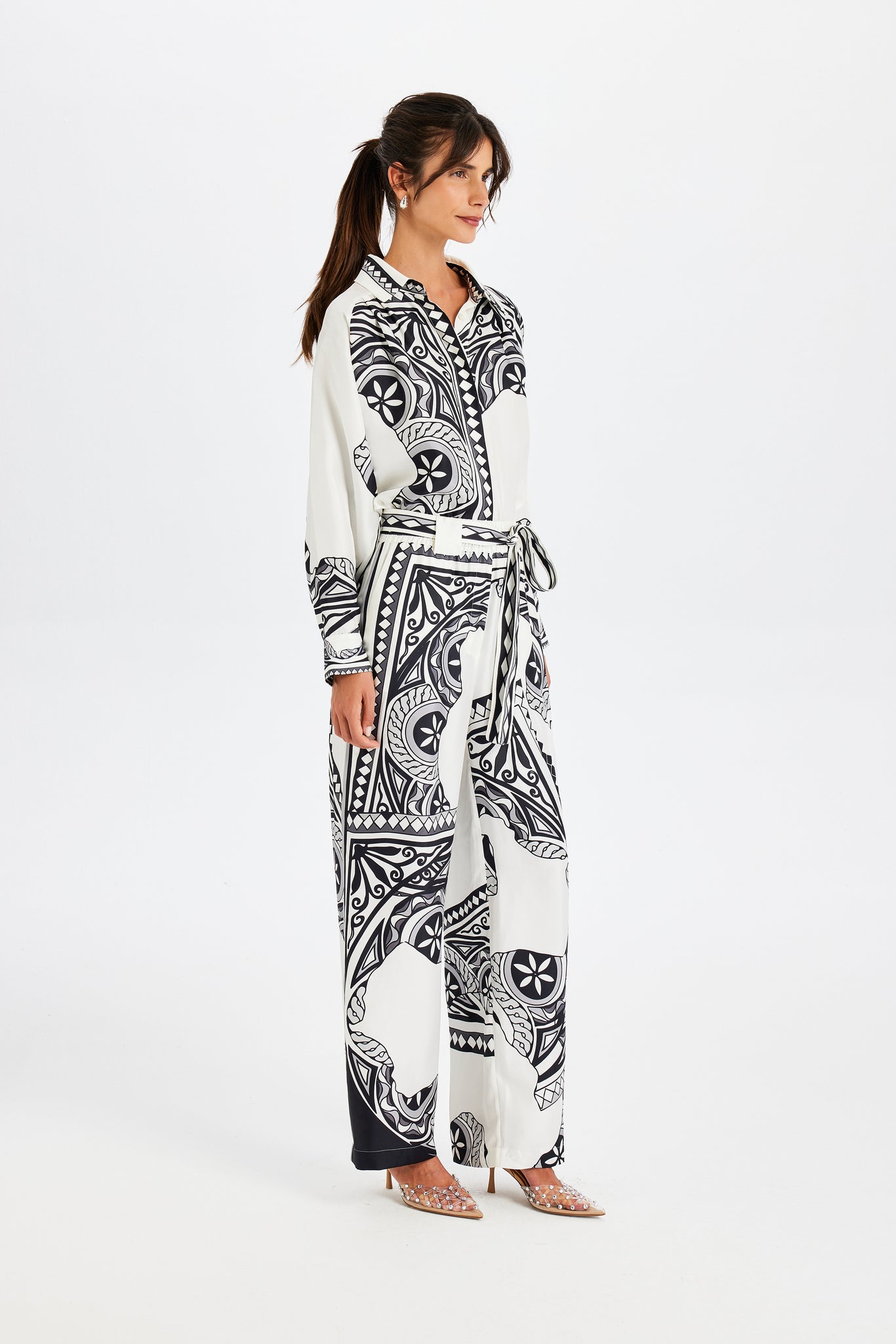 Zeugma Belted Black and White Silk Pants