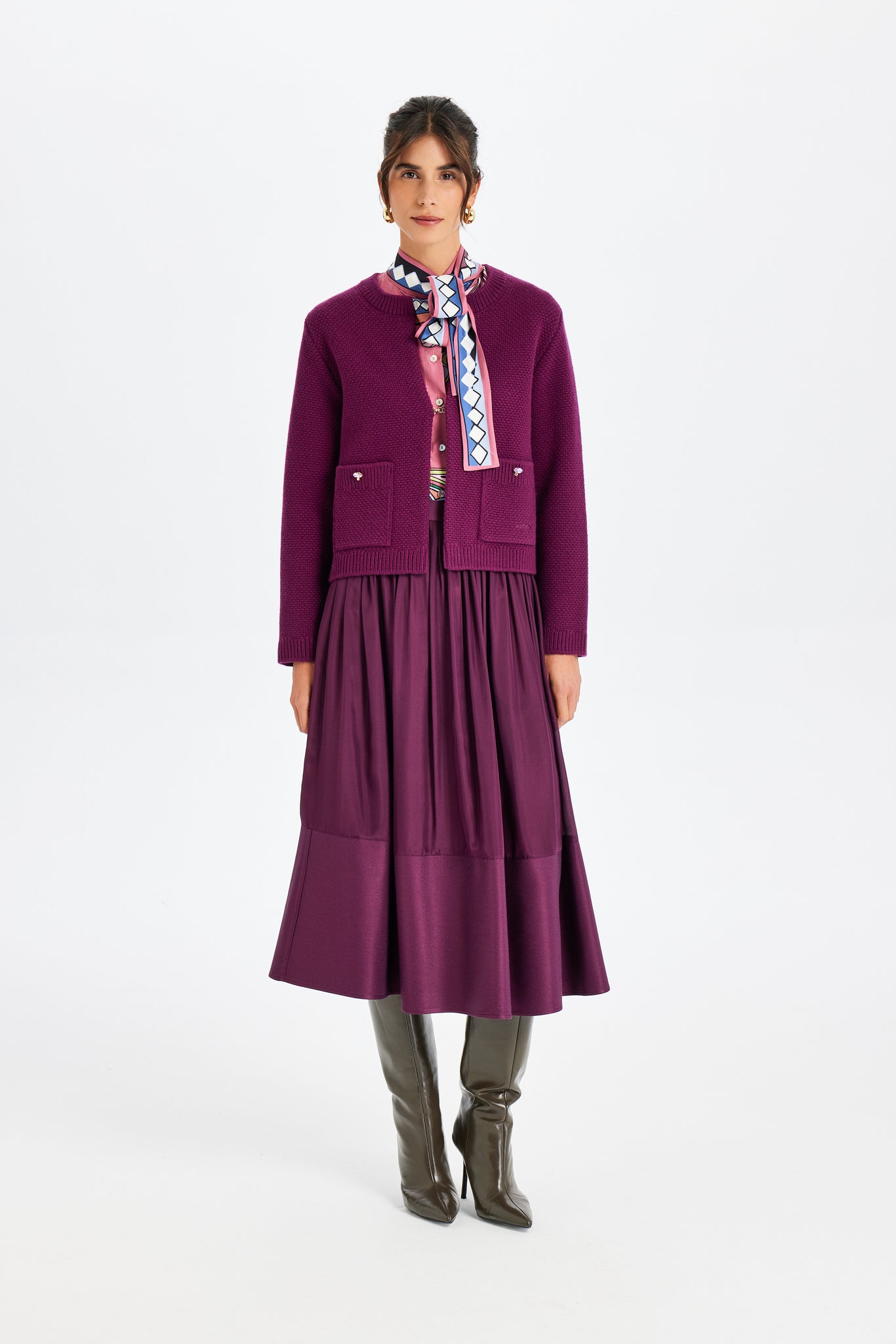 Stone-Embroidered Burgundy Knit Jacket