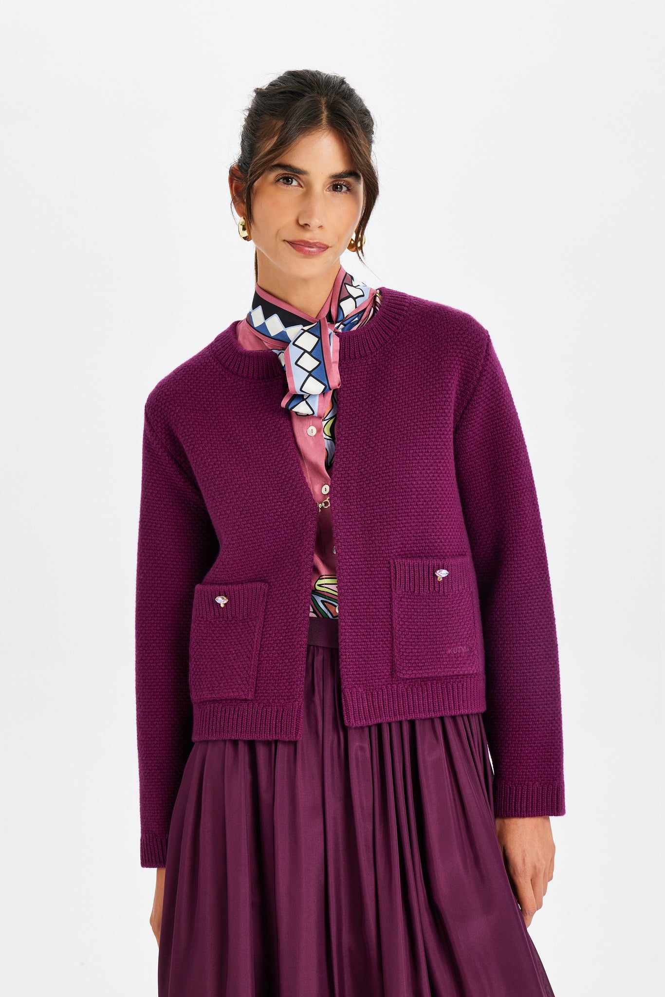Stone-Embroidered Burgundy Knit Jacket
