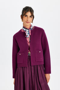 Stone-Embroidered Burgundy Knit Jacket