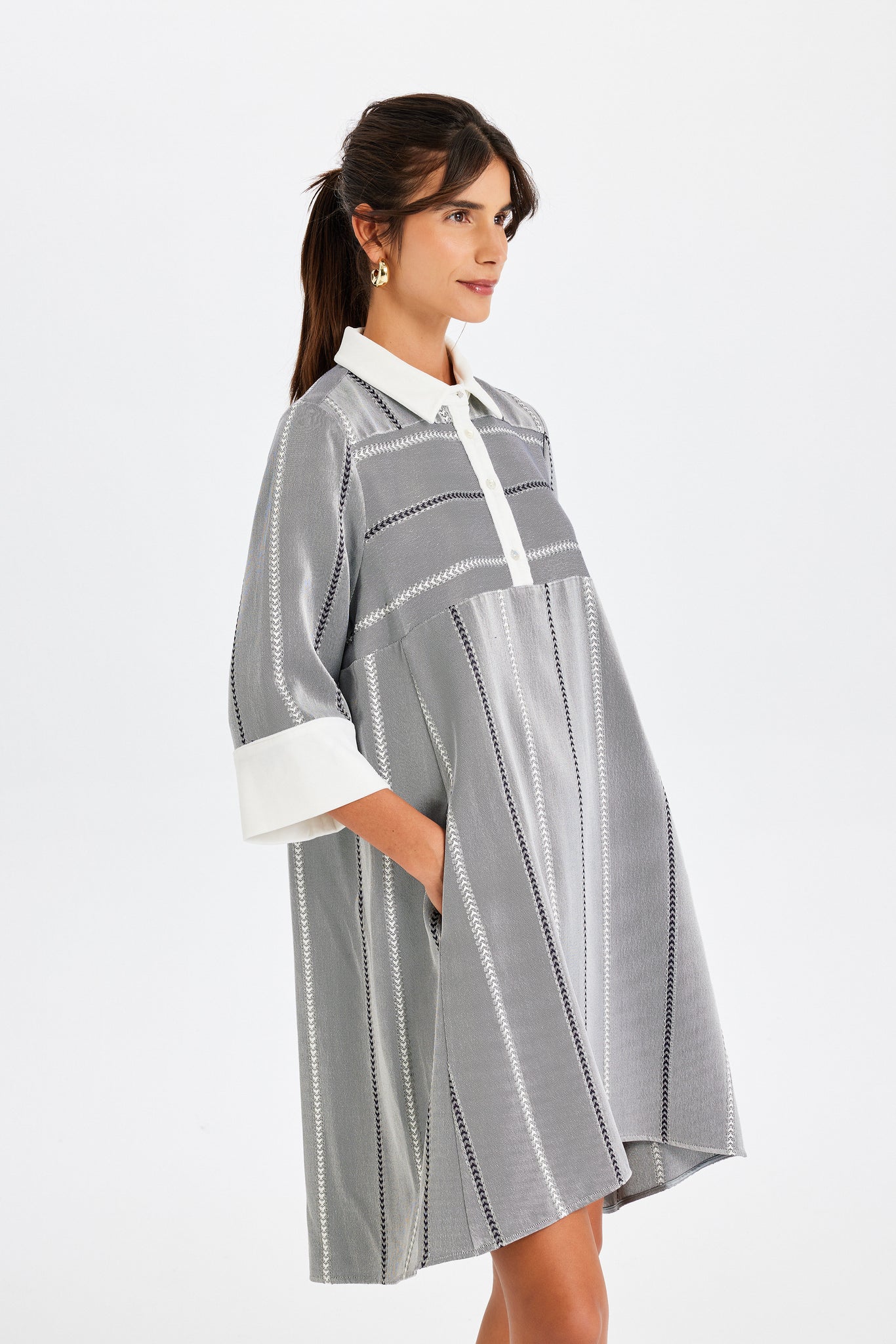 Velvet Detail Polo Neck Kutnu Gray Dress