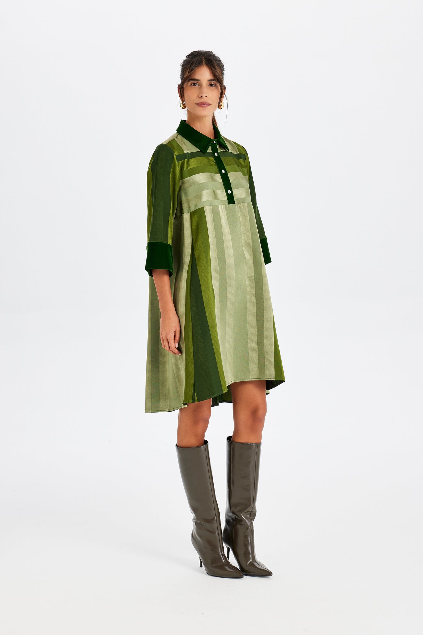 Velvet Detail Polo Neck Kutnu Green Dress