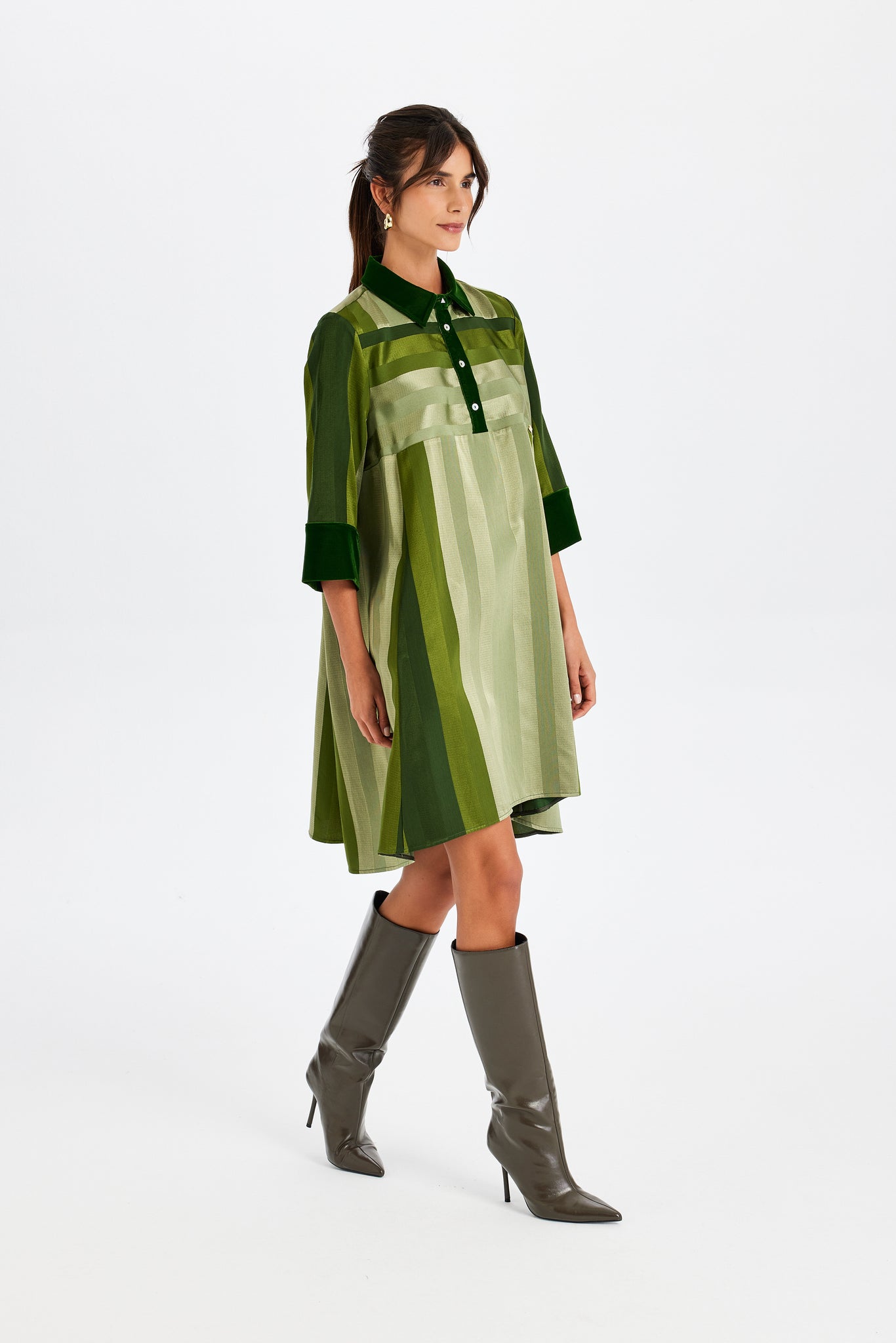Velvet Detail Polo Neck Kutnu Green Dress