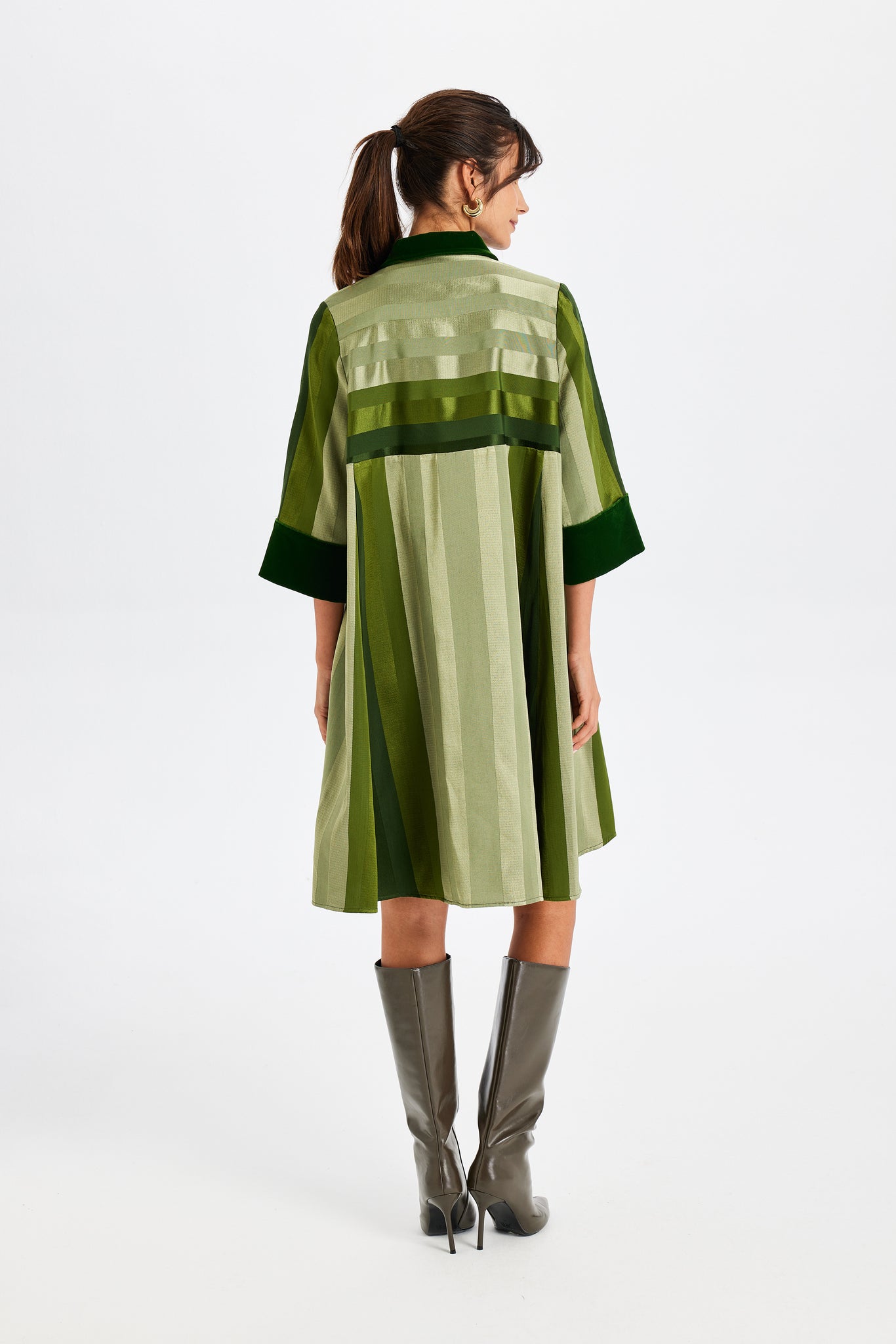 Velvet Detail Polo Neck Kutnu Green Dress