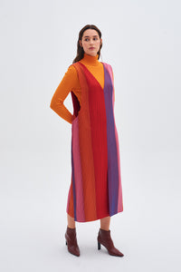V-Neck Slit Detailed Colorful Kutnu Gilet Dress