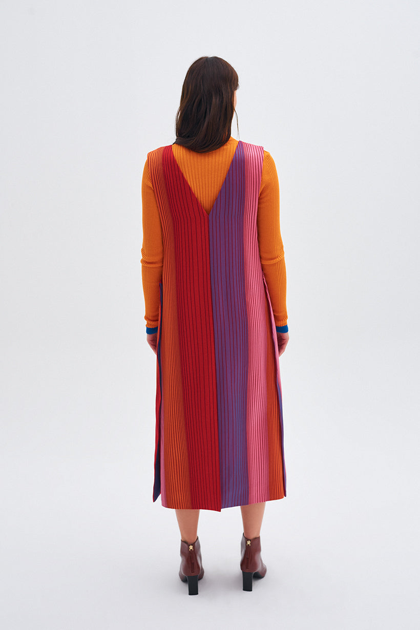 V-Neck Slit Detailed Colorful Kutnu Gilet Dress