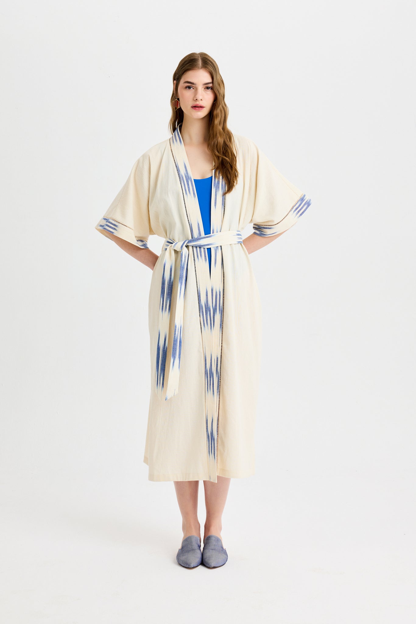 Blue Ikat Detailed Long Peshtemal Kimono