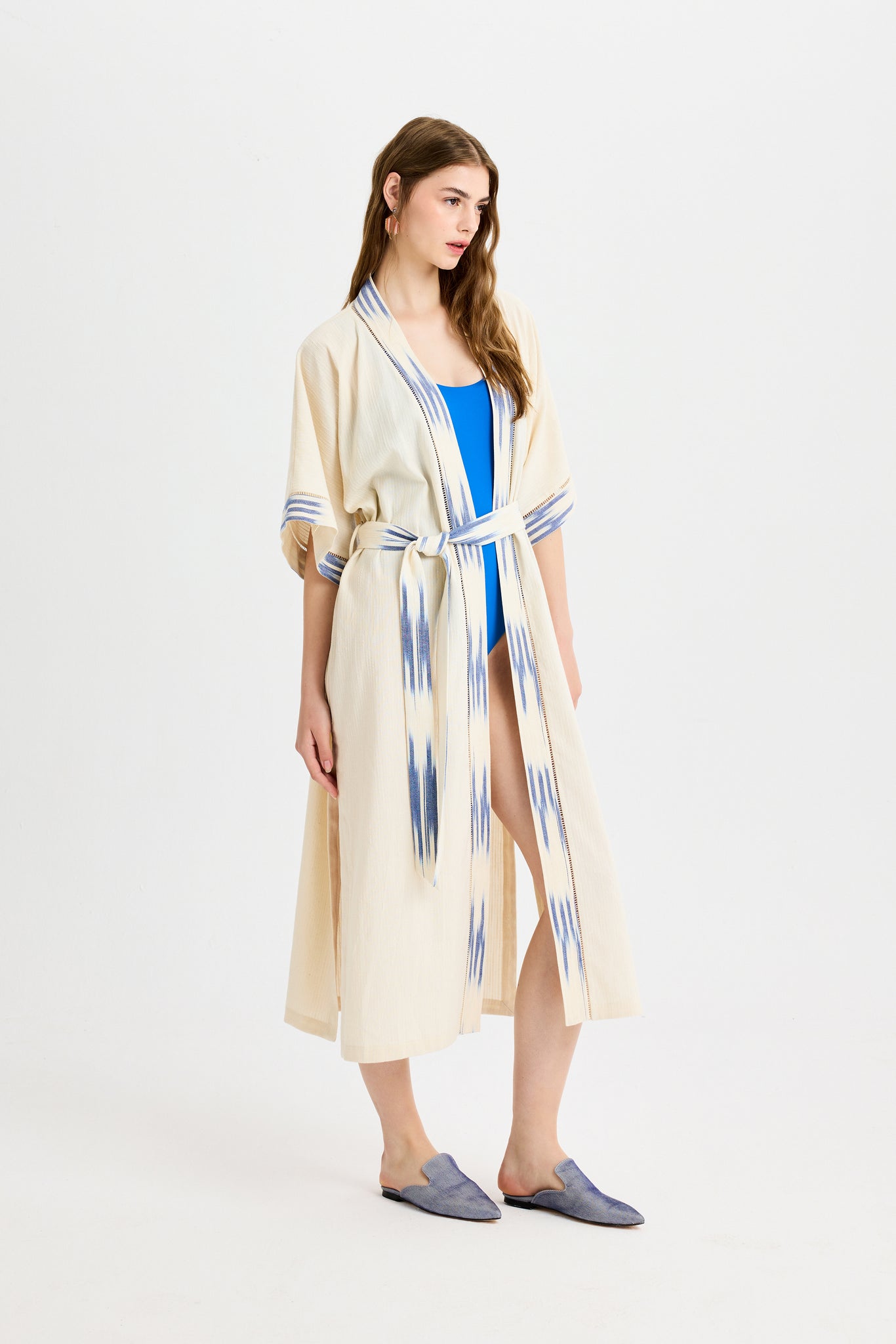 Blue Ikat Detailed Long Peshtemal Kimono