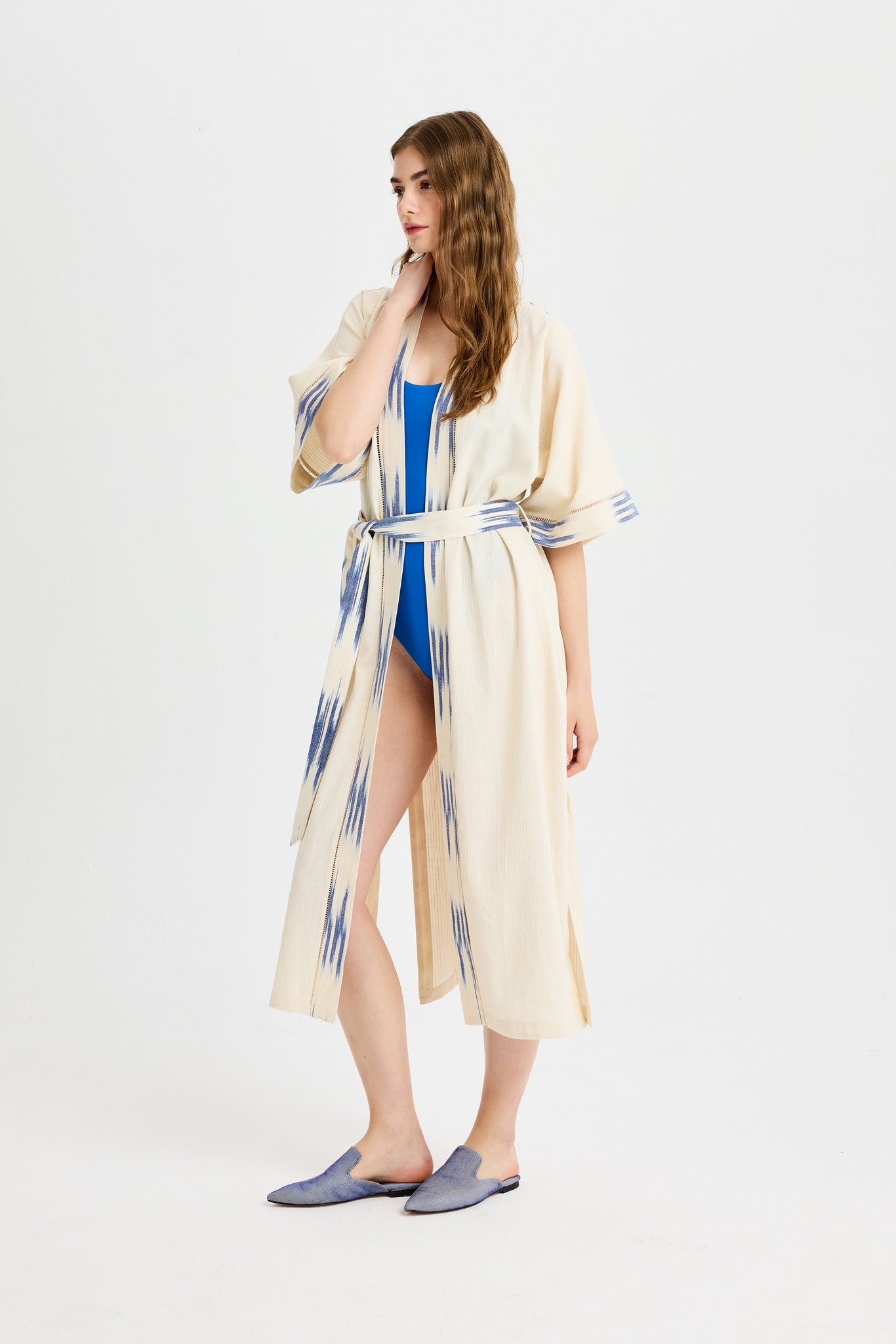 Blue Ikat Detailed Long Peshtemal Kimono