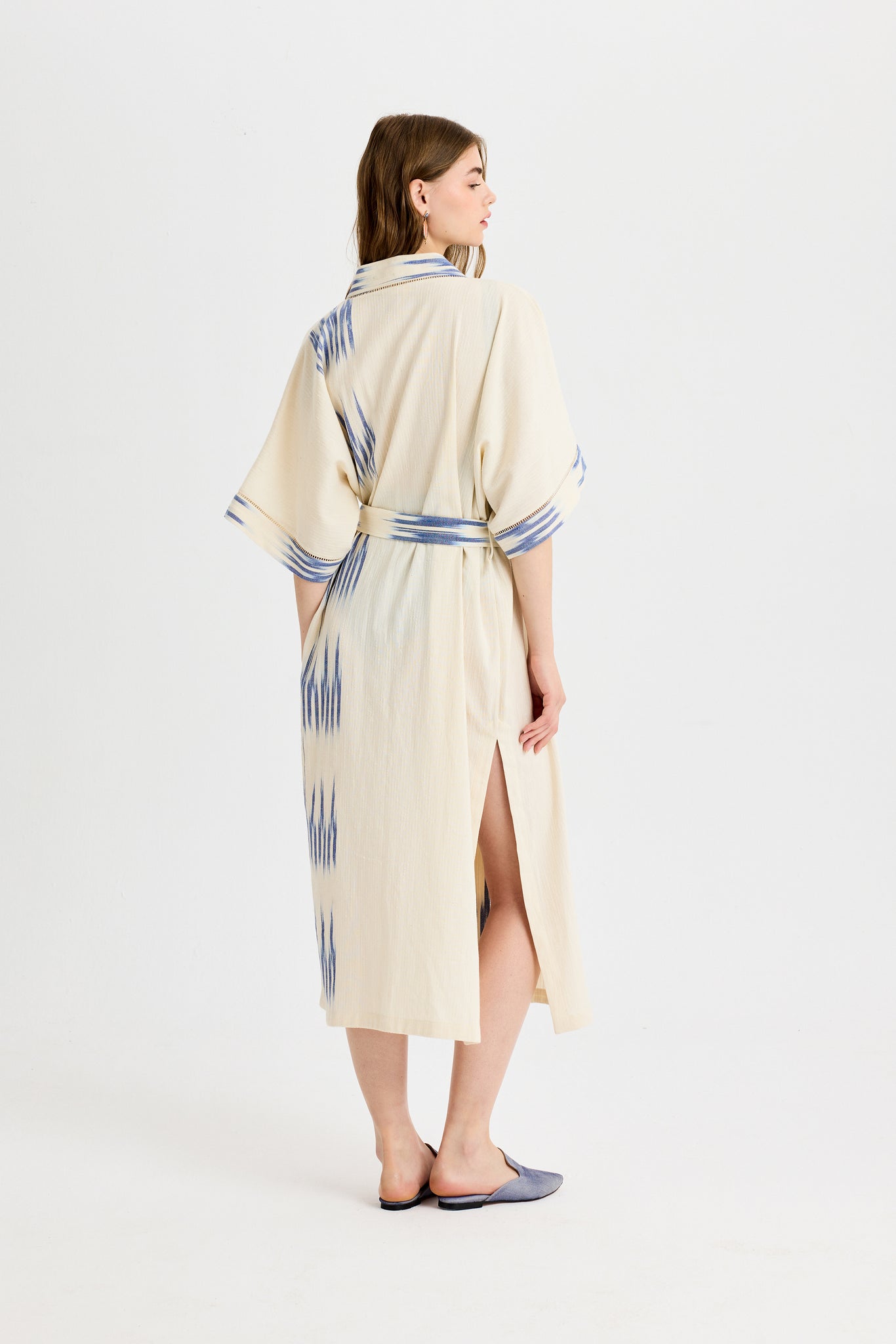 Blue Ikat Detailed Long Peshtemal Kimono