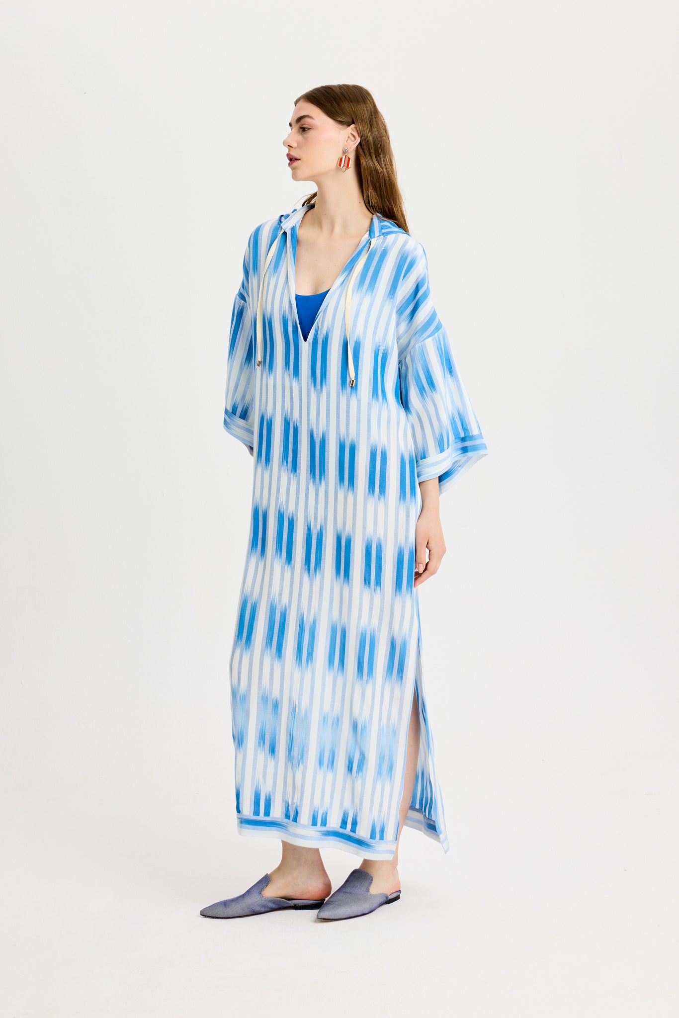 Blue Ikat Detailed Hooded Kutnu Kimono Dress