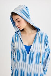 Blue Ikat Detailed Hooded Kutnu Kimono Dress