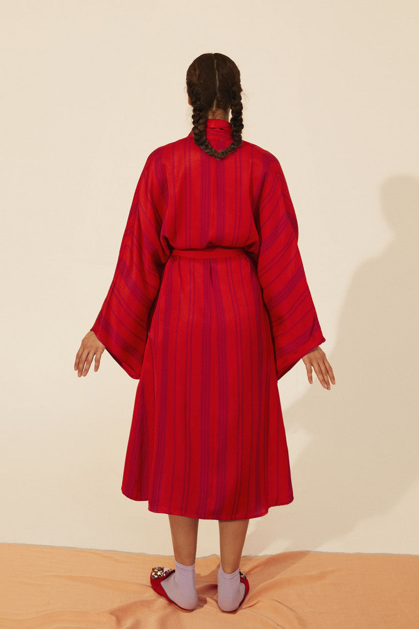 Shawl Neck Red Striped Kimono