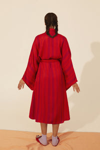 Shawl Neck Red Striped Kimono