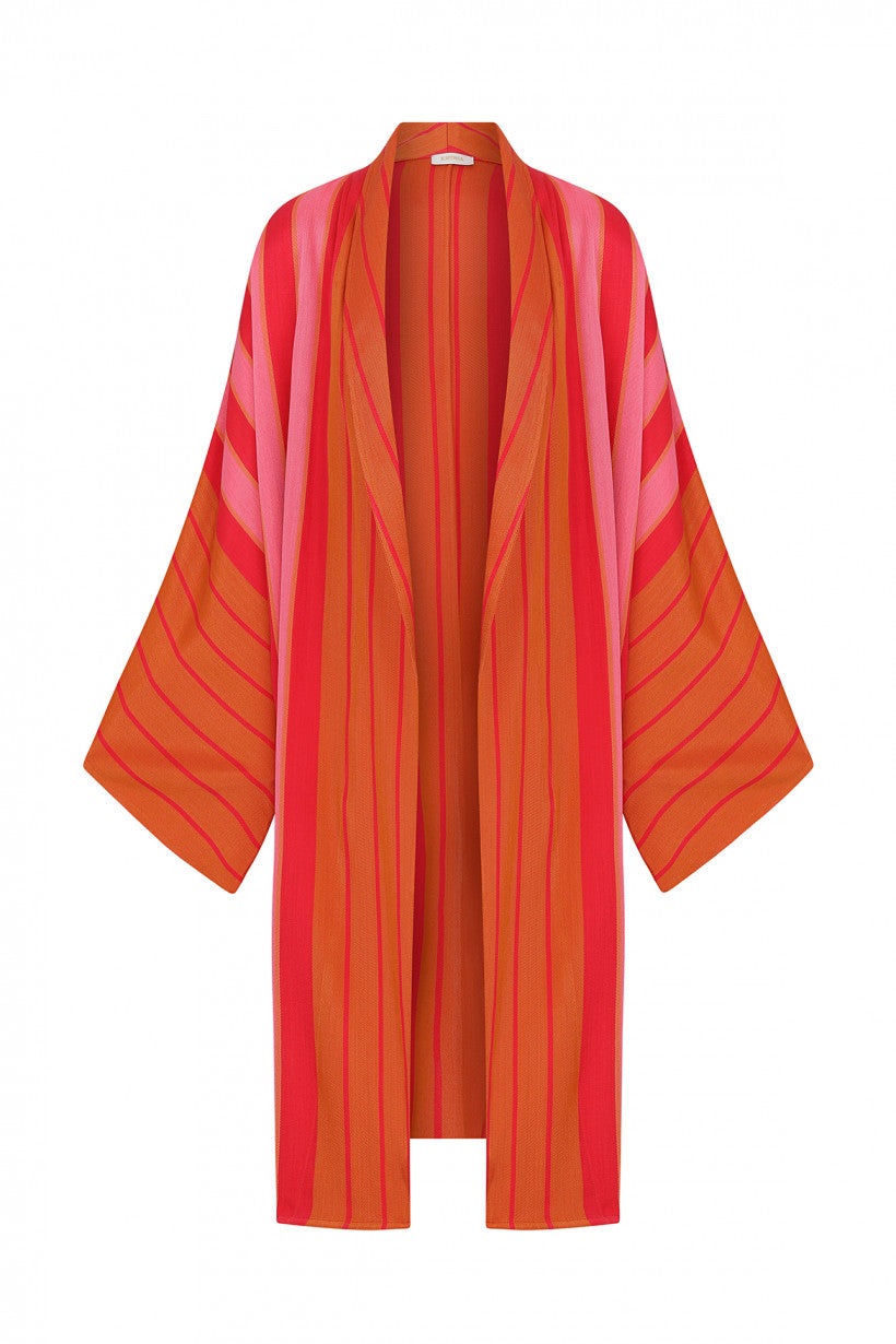 Shawl Neck Orange Striped Kimono
