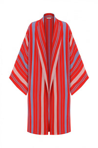 Shawl Neck Blue-Red Striped Kimono