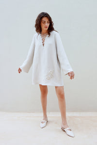 V-Neck Embroidered Linen Dress With Strappy Detail