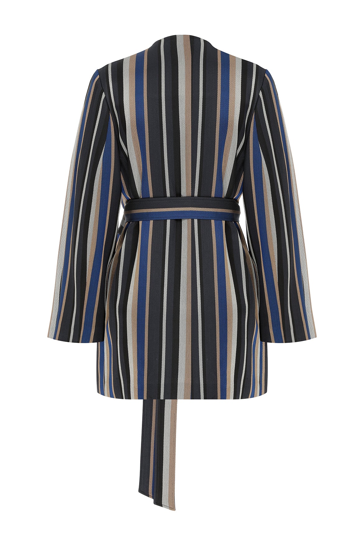 Striped Collarless Belted Jacket