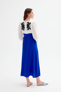 Slit Detailed Zeugma Blue Silk Long Dress
