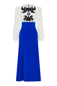 Slit Detailed Zeugma Blue Silk Long Dress