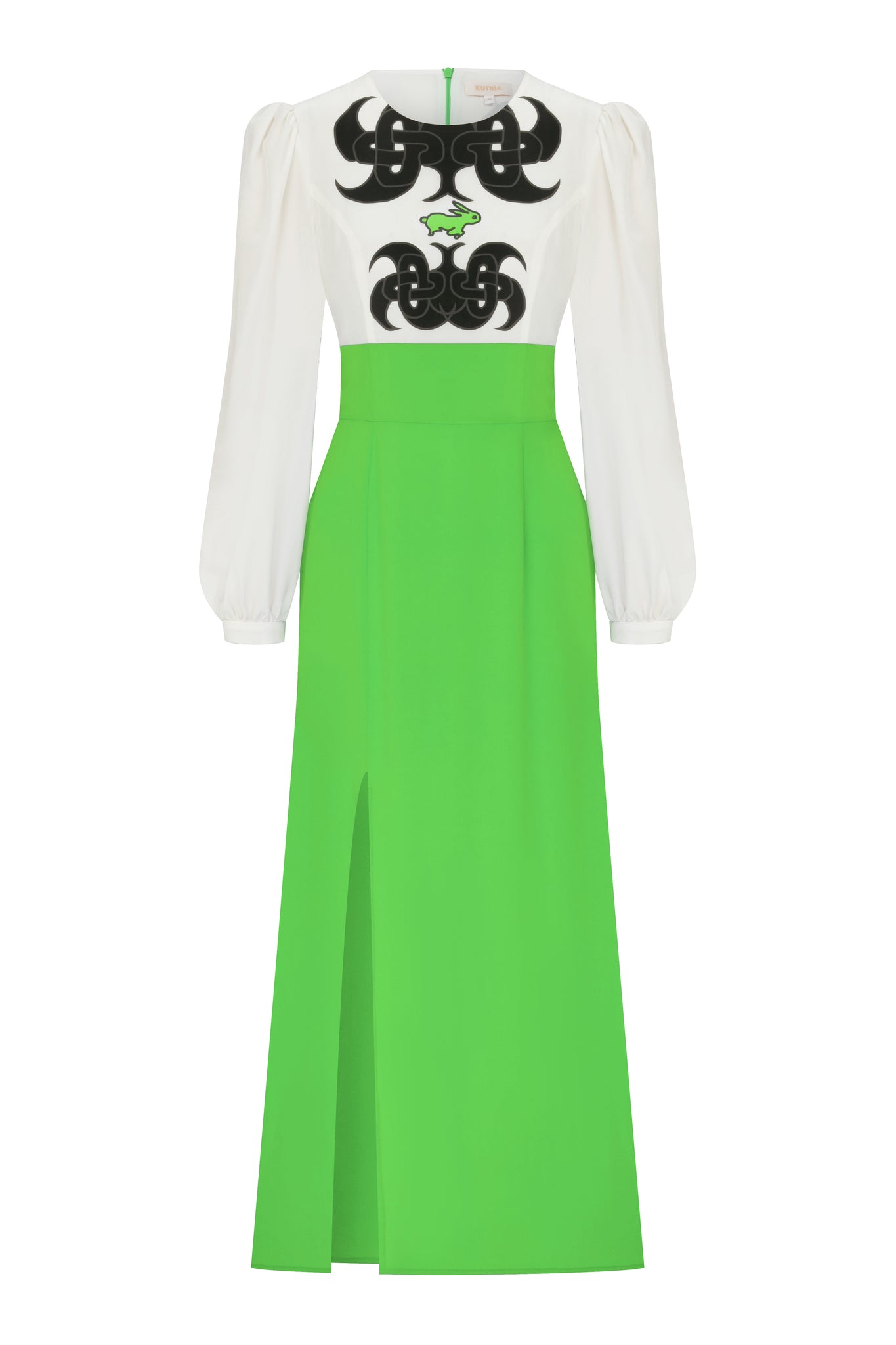 Slit Detailed Zeugma Green Silk Long Dress