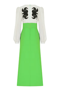 Slit Detailed Zeugma Green Silk Long Dress