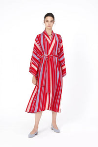 Shawl Neck Blue-Red Striped Kimono