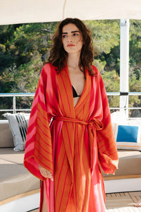 Shawl Neck Orange Striped Kimono